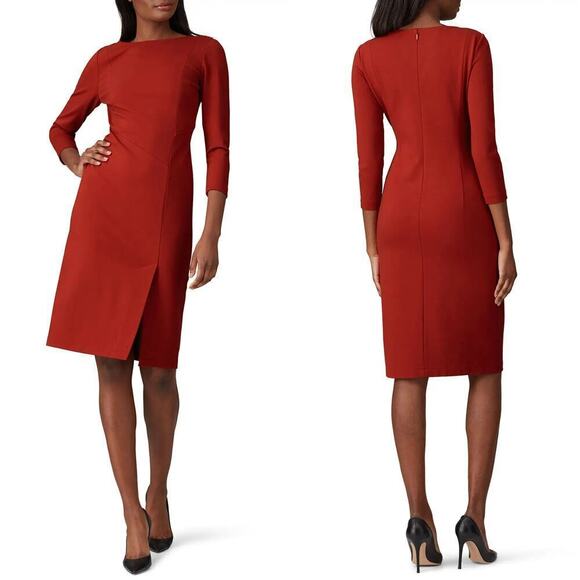 Lafayette 148 Aldrich Dress 3/4 Sleeve Boat Neck Midi Carnelian Red 18 - Picture 2 of 10